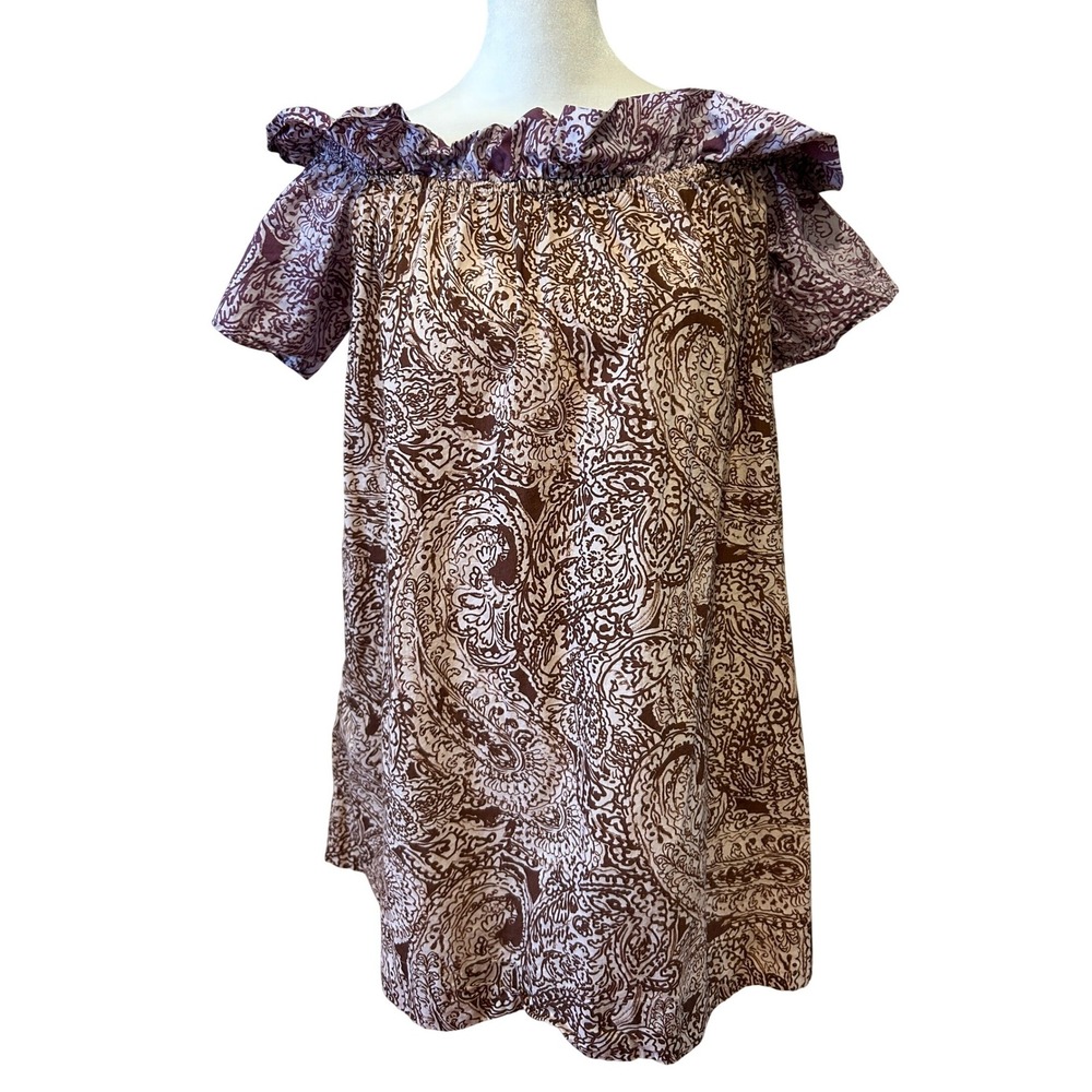 Free People Sophie Mini Dress‎ XS Brown Paisley Off Shoulder Ruffle Boho Pockets